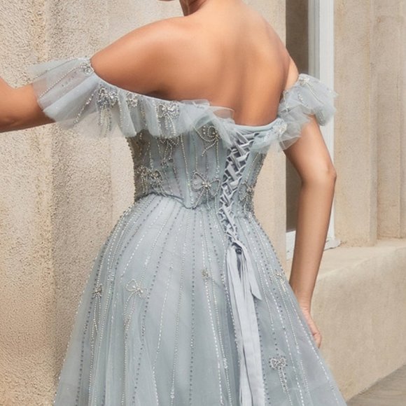 NEW LONG OFF THE SHOULDER SLEEVELESS A-LINE DRESS WITH LACE UP BACK AL A1092 - Picture 7 of 14